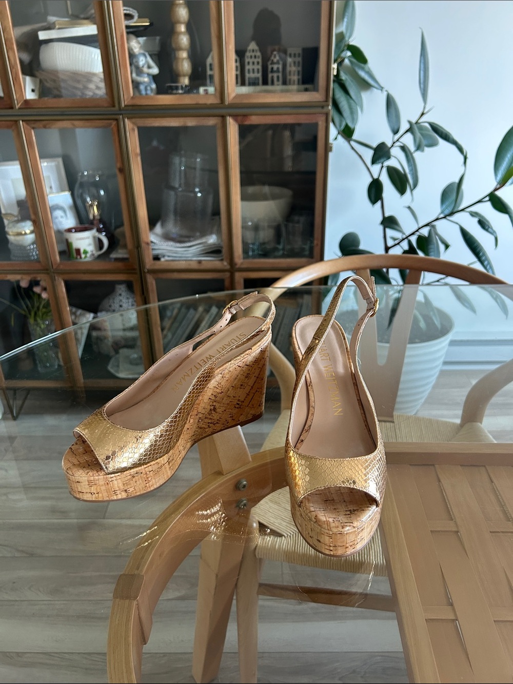 Stuart Weitzman Leather Rose Gold Cork Wedge Sandals